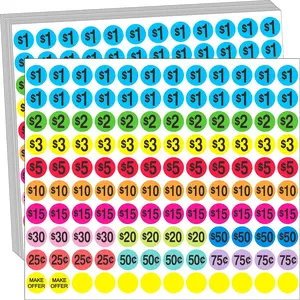 Garage  Price Stickers, 2040 count Yard Sales Sticker 3/4 Inch Round Price Tags Labels, Multiple Denominations, Bright Colors