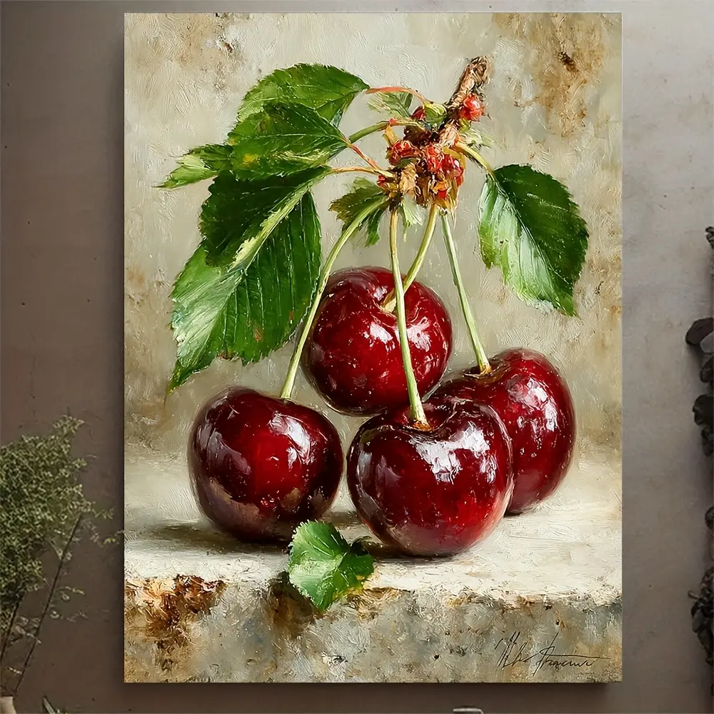 1-Piece Framed 2D Cherry Fruit Still Life Oil Painting Print - Decorative Wood Frame Wall Art with Marble, Polka Dot & Houndstooth Accents, Holiday Decor for Thanksgiving, Independence Day, Easter & Valentine's Day Home Room Hanging