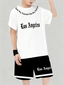 Boys' Casual and Letter Print Set, Fashion Hoodie Short Sleeve Top and Track Shorts, Outdoor T-Shirt and Pants Set