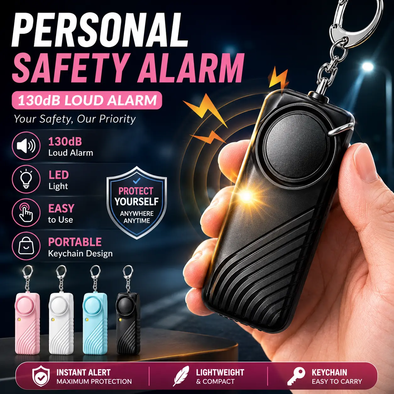 Portable Personal Safety Alarm Keychain, 130dB Emergency Alarm with LED Flashlight, Pull Pin Self Defense Device for Women, Kids, Seniors, Students, Running, Hiking, Travel, Camping, Night Walking & Everyday Carry Multi Purpose Keychain