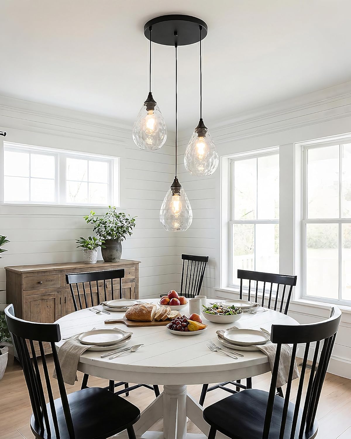 Black 3-Light Pendant Lighting, Modern Dining Room Light Fixture Over Table with Hammered Glass Cluster Hanging Lights for Kitchen Island Dining Room