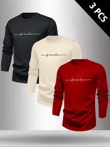 Men's Classic 3-Piece Set Letter Pattern Print Long Sleeve T-Shirt, Casual Fitted Top, Streetwear, Fall & Winter Fashion, Versatile Clothing