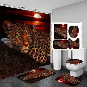 1/4 pcs warm sunset and leopard pattern shower curtain set, non-slip floor mat, U-shaped carpet, toilet lid cover, perfect for bathroom decoration, partition, beautify space, free 12 shower curtain hooks, Bathroom Decoration Accessories