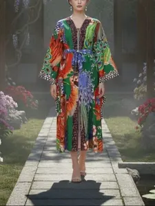 Women's Casual V-Neck Long Sleeve Floral Print Long Hoodie, Ethnic Pattern Loose Fit Beachwear, Comfortable Daily Wear for Spring & Fall Womenswear, Flower Hoodies, Lady