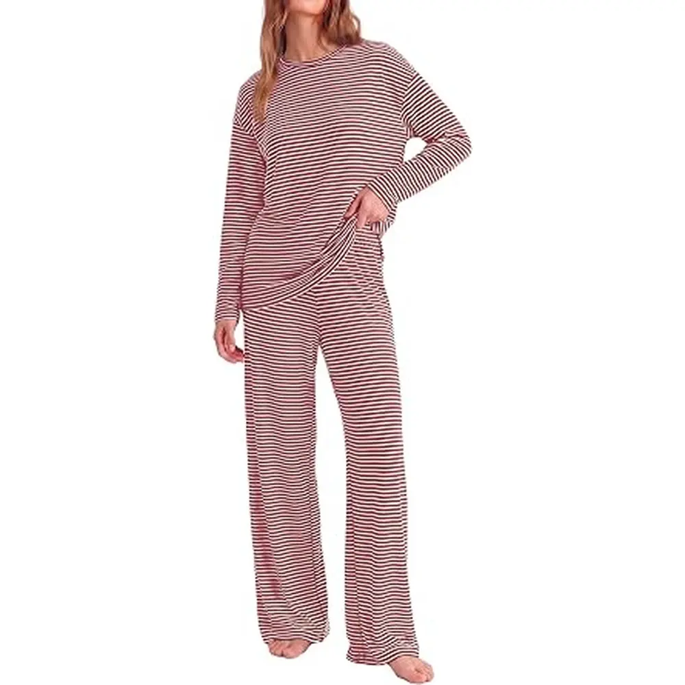 PRETTYGARDEN Womens Striped Lounge Set Fall Winter 2 Piece Sets | Side Slit Long Sleeve T-Shirts & Wide Leg Pants, Matching Pajama Sets, Comfy Pj Set, Loungewear with Pockets, Fashion Clothes#SohoChic