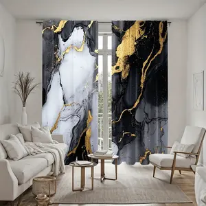 2Pcs Gold Marble Texture Curtain Panels, Black White Abstract Modern Art Design, Pole Pocket Style, Semi Sunshade, Elegant Home Decor for Living Room, Bedroom, Balcony, Kitchen, Study and Shower Window, Accessory, Anti Privacy, Home Decoration Curtain.