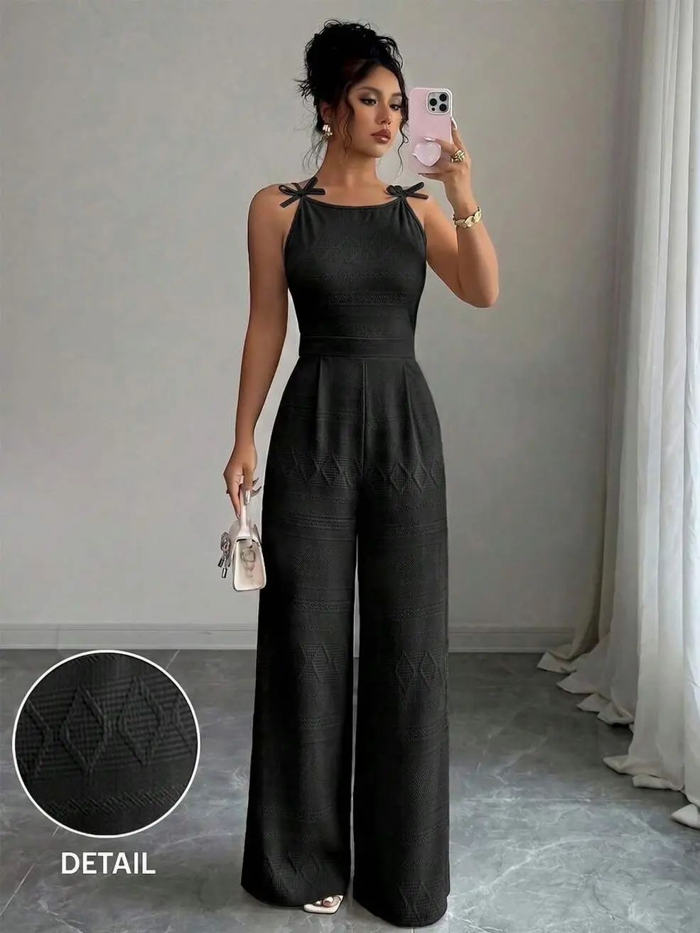 Women's Elegant Jumpsuit With Shoulder Bow Decor, Jacquard Fabric, Cinched Waist, Wide Leg, Suitable For Daily Commute