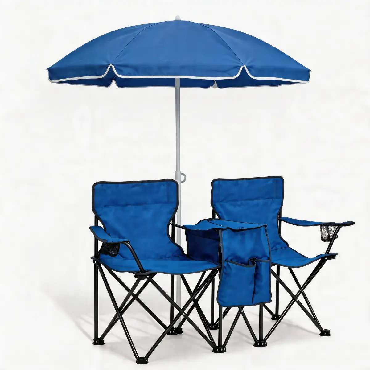 2-Seat Collapsible Outdoor Folding Chairs Set, Portable Camping Furniture with Tilt-Adjustable UV Sun Protection Umbrella, Cooler, Heavy-Duty Steel Frame, Water-Resistant Fabric, Space-Saving Compact Lounge for Camping, Picnics, Portable Outdoor Seating