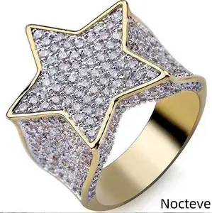 Men’s Hip Hop Five-Pointed Star Micro Paved Simulated CZ Gold-Tone Base Alloy Ring, Trendy Street Nightclub Jewelry Party & Cool Unique Masculine Holiday Gift Wear