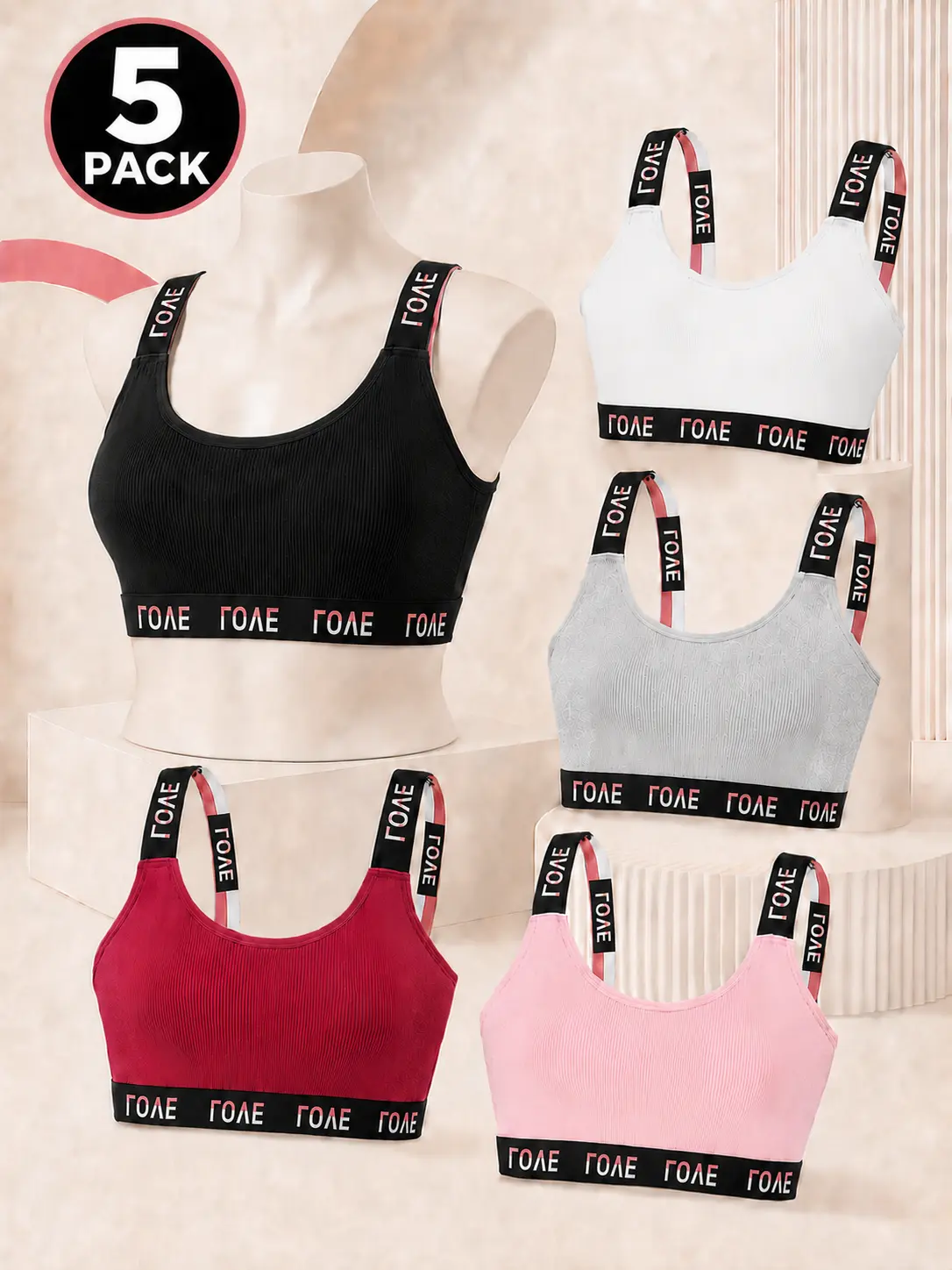 Women's 5-Pack Solid Ribbed Seamless Wireless Sports Bras - Adjustable Racerback Wide Elastic Graphic Straps, Lightweight Soft Stretch Breathable, Low-Impact Support for Yoga, Gym, Machine Washable, Black White Gray Red Pink, Free Shipping Comfort Fit, Ad