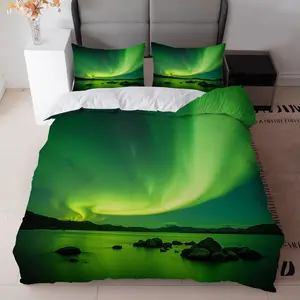 3-Piece Northern Lights Pattern Green Bedding Set (Includes 1 Duvet Cover + 2 Pillowcases, No Core) for Bedroom Decoration