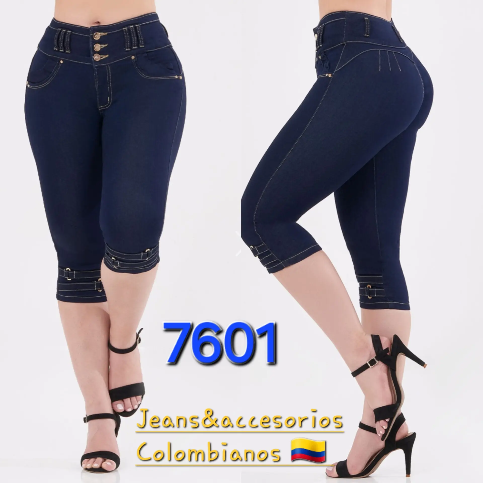 Women's Dark Medium Blue Torero Push Up Colombian Jeans with Back Pockets and 3 Buttons - Womenswear, Cotton