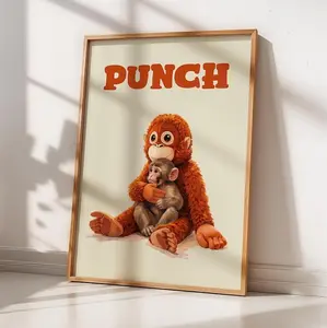 Punch Monkey Wall Art, Cute Baby Monkey Poster Print, Viral Monkey Illustration, Nursery Animal Art, Cozy Minimal Kids Room Decor