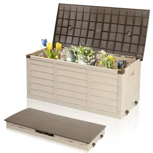 【Summervibes】75 Gallon Collapsible Outdoor Storage Box, Simple-to-assemble Plastic Storage Containers with Lid, Patio Deck Box Furniture for Garden, Pool, Balcony, Yard (Coffee)