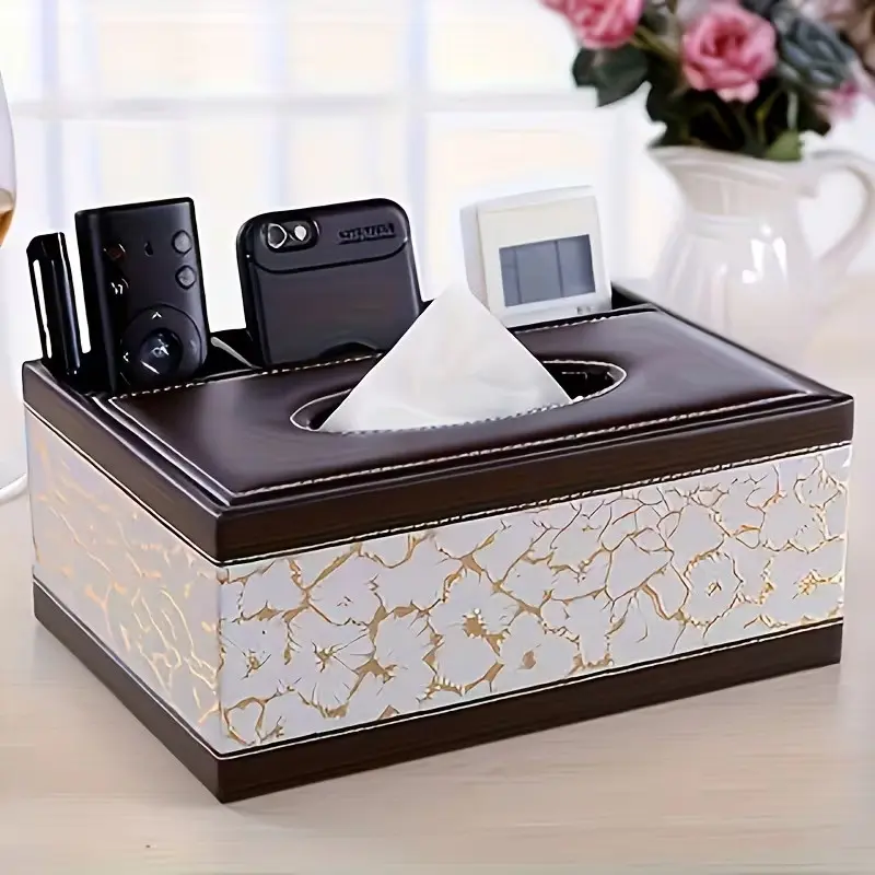 Faux Leather Elegant Tissue Box Holder Tissue Storage Box Tissue Dispenser with Remote Control, Desktop Organizer for Chic Living Room Decor, Stylish Household Home Accessory