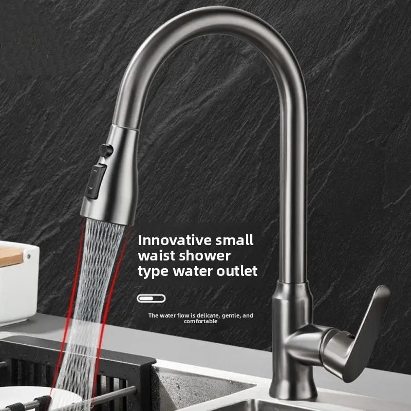 All-Copper Gunmetal Gray Kitchen Faucet - Hot and Cold, 360-Degree Rotatable, Pull-Out Anti-Splash Kitchen Tap for Dishwashing Sinks, Anti-Splash Kitchen Taps