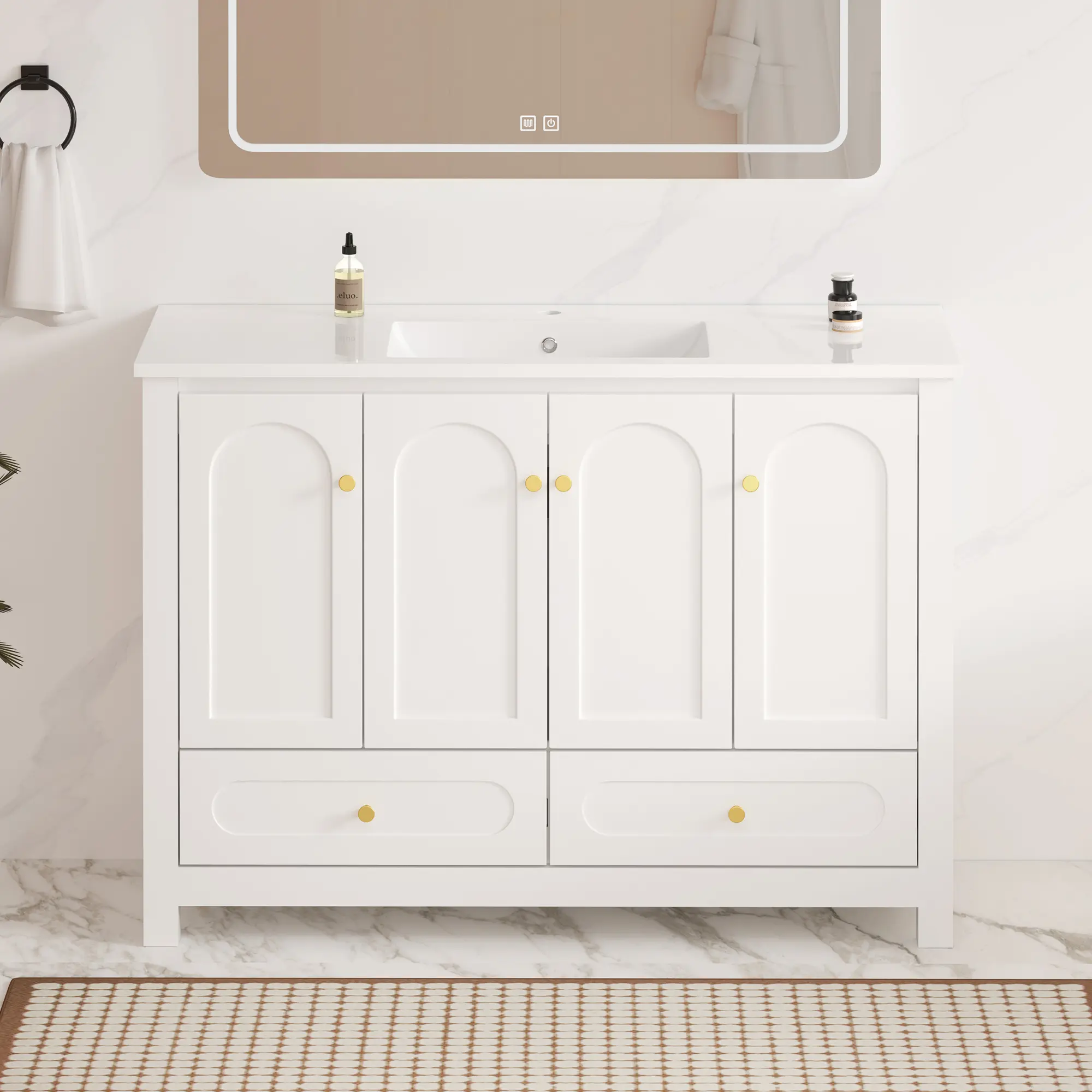 48-Inch White Bathroom Vanity Combo with Resin Sink, MDF Cabinet, 4 Soft-Close Doors and 2 Drawers, Freestanding Floor Cabinet for Bathroom Storage and Organization