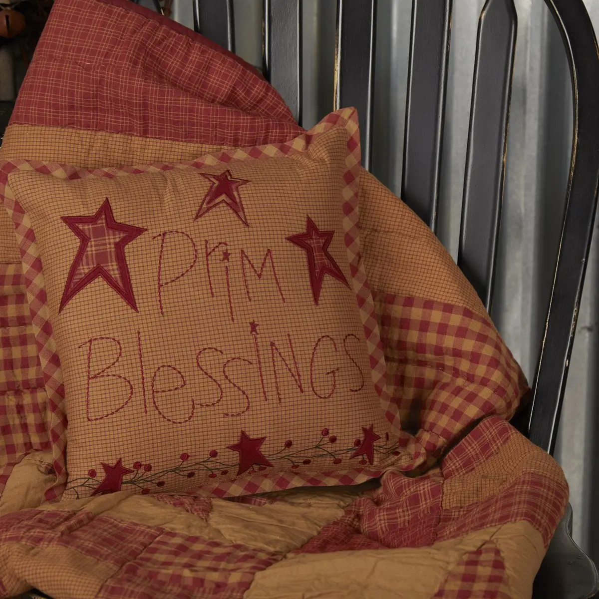 Bedford Burgundy Star Prim Blessings Pillow, 12 in Rustic Home Decor for Room Decor, 12" X 12" X 4"
