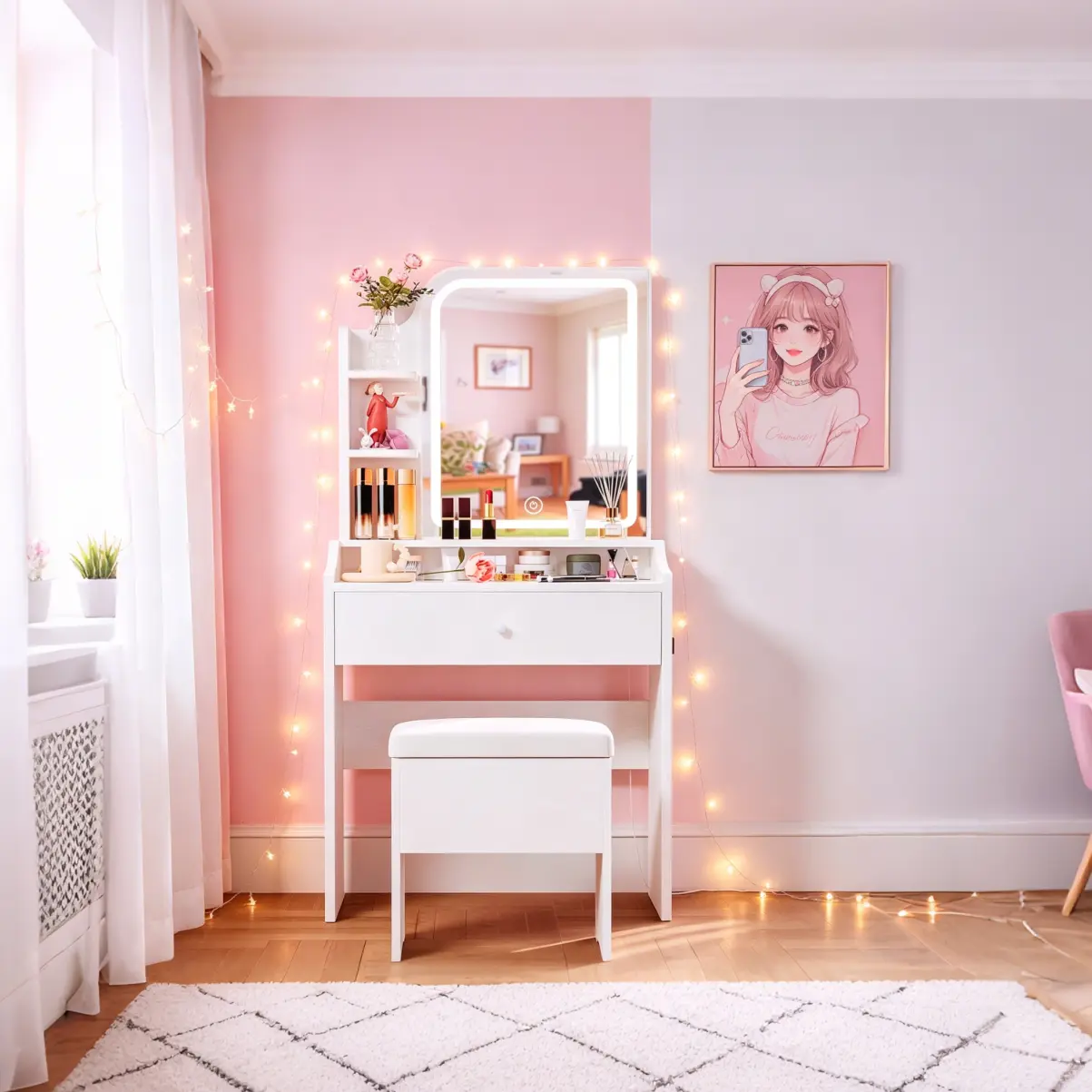 Modern 24-Inch Compact Makeup Vanity with LED Mirror, Stool, Drawers - Assembly Required, Ideal for Makeup Organization, Get Ready with Me - Fits Bedrooms, Small Spaces