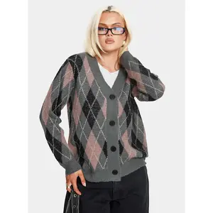 Zeeva Button Through Knit Cardigan Grey Argyle