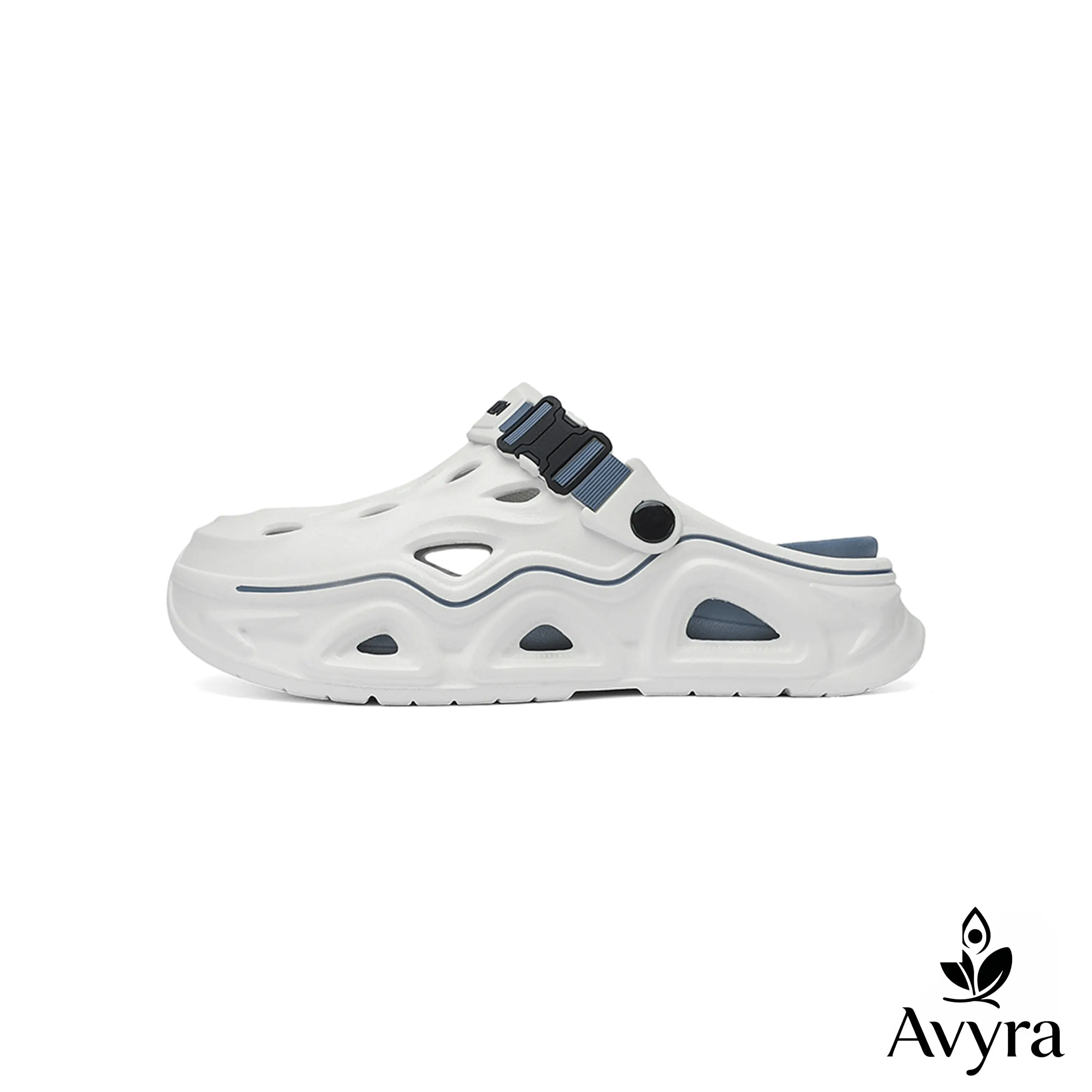 Men's Adjustable Buckle Platform EVA Clogs - Slip On, Breathable Hollow Out, Soft Cushioned, Anti-Slip Outsoles, Waterproof Lightweight Open Back Slippers for Summer Outdoor Garden Use (White & Blue), Adjustable Men's Fashion Slippers, Anti-Slip Outsoles