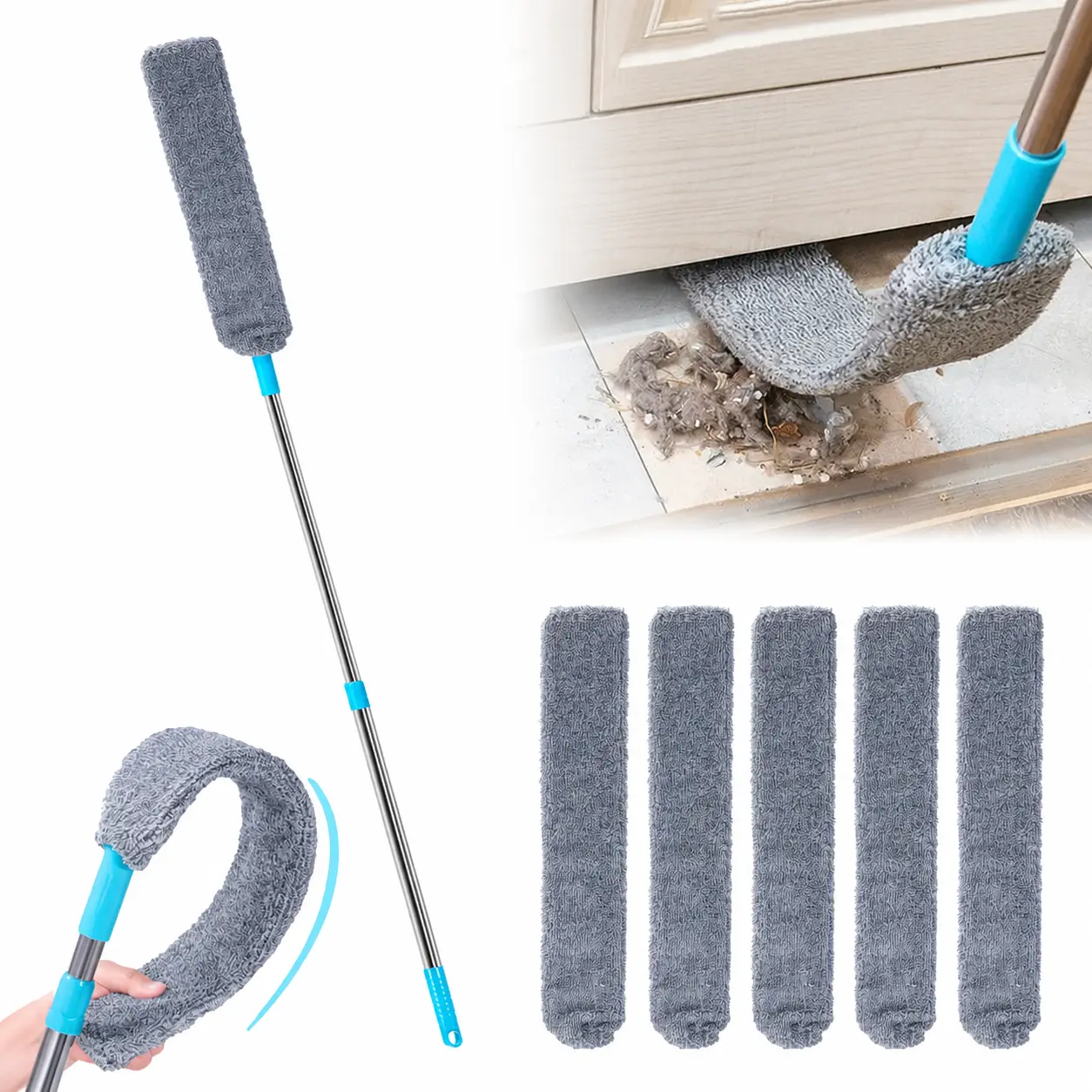Retractable Gap Dust Cleaner Under Appliance Microfiber Duster Dust Brush with Extension Pole (36 to 49 inches) Cleaning Duster for Bed High Ceilings Furniture Bottom Household Gap Duster Gray
