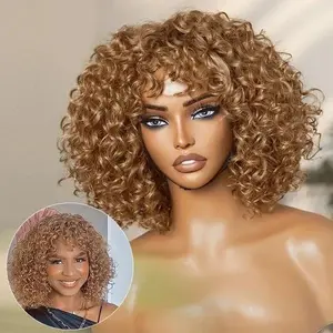 14”Lightweight Sun-kissed Vibe Blonde Short Cut Water Wave Glueless Minimalist Lace Curly Wig with Bangs