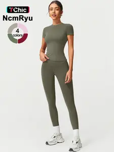 2PCS Women Quick Dry  Yoga Set Workout Sportswear Gym Clothing Fitness Short Sleeve Top High Waist Leggings Sports Suits