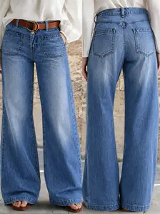 Women's High-Waisted Stretchy Wide Leg Denim Pants with Pockets, Womenswear Bottom, Loose Trendy Jeans
