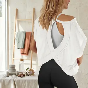 Women's Oversized Open Back Workout Top - Backless Athletic Shirt Short Sleeve Baby Tee Breathable Comfortable for Yoga Gym Fitness Training Casual Wear Lightweight Stretchy Fabric Fashion Activewear