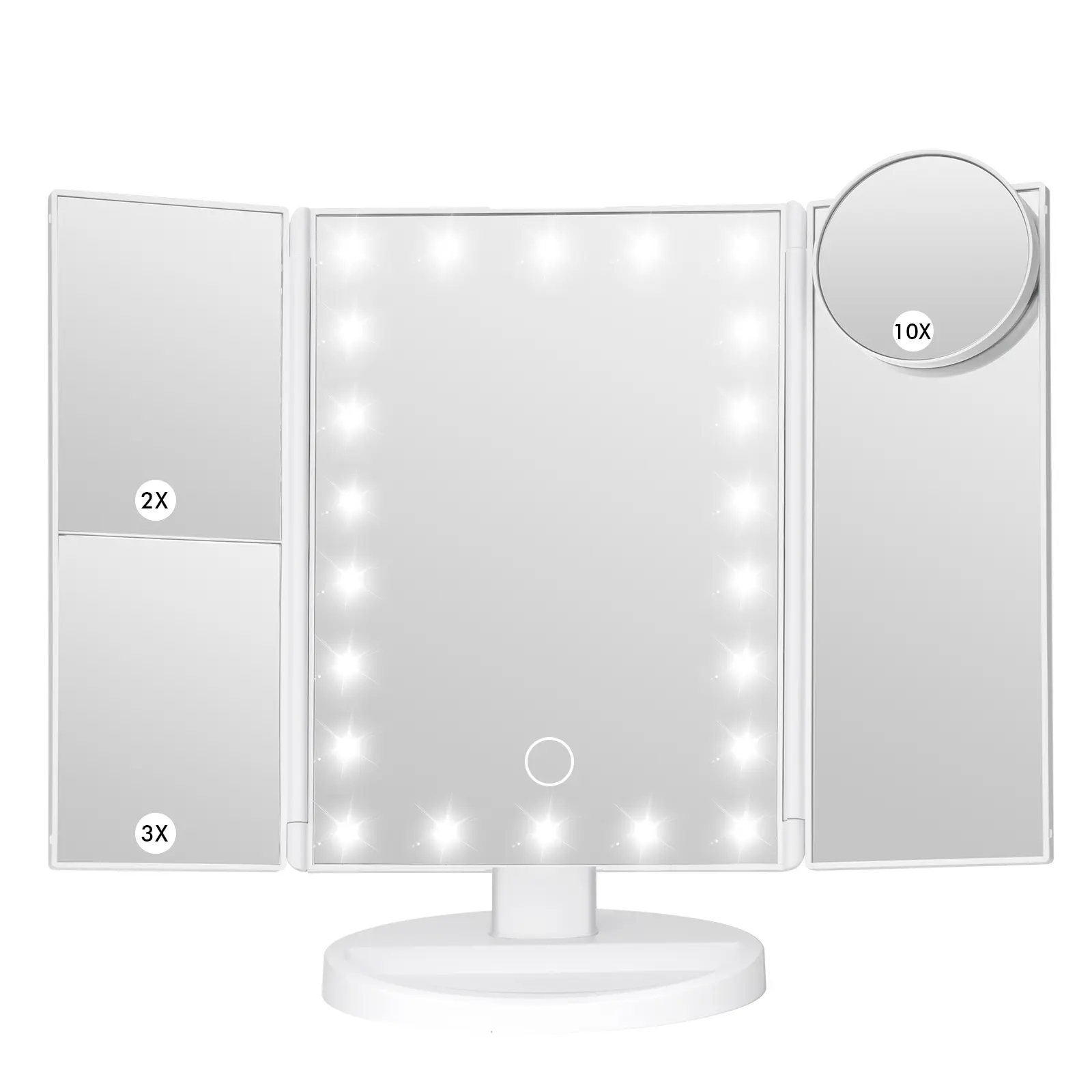 Trifold LED Portable Makeup Mirror with 2X 3X 10X Magnification, Touch Control Trifold Makeup Mirror, Plug-In/Battery Operated, For Bedroom, Office, Desktop Travel Makeup Mirror (White)