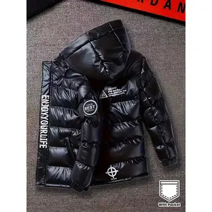 Boys' Casual Hooded Jacket with "BEST" Letter Print, Black Polyester Winter Coat with Pockets, Regular Fit for Fall/Winter, Cozy Outerwear, Fall Winter Apparel, Durable Outerwear, Schoolage Kids, Thick