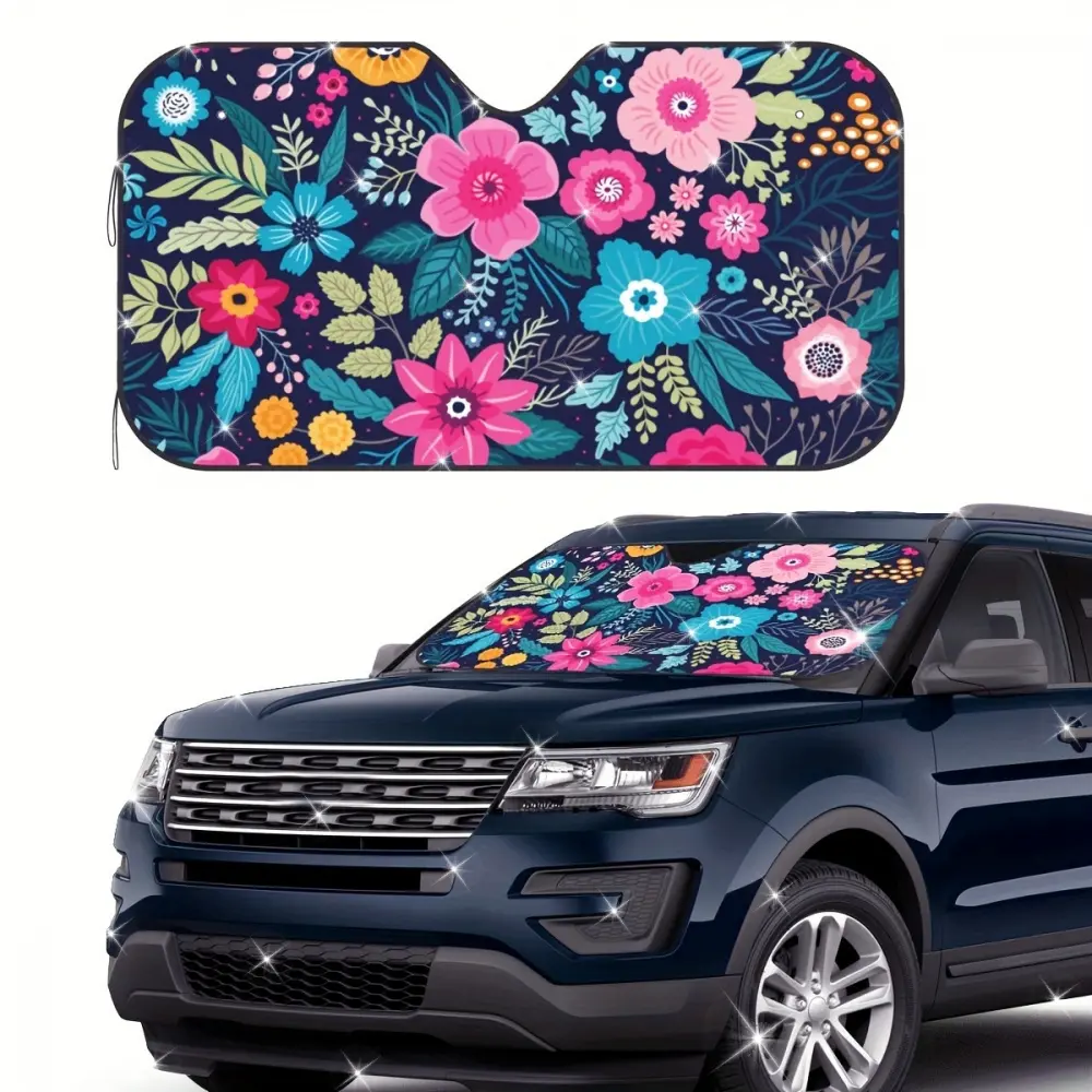 1pc Beautiful Flower Pattern Foldable Car Front Windshield Sunshade- Sunshade for Car Windshield, Sunshade Keeps Car Cool, Easy to Store, with Elastic Suitable, SUVs, Trucks, and Pickup Trucks, Car Interior Accessories, Sunshade Cover