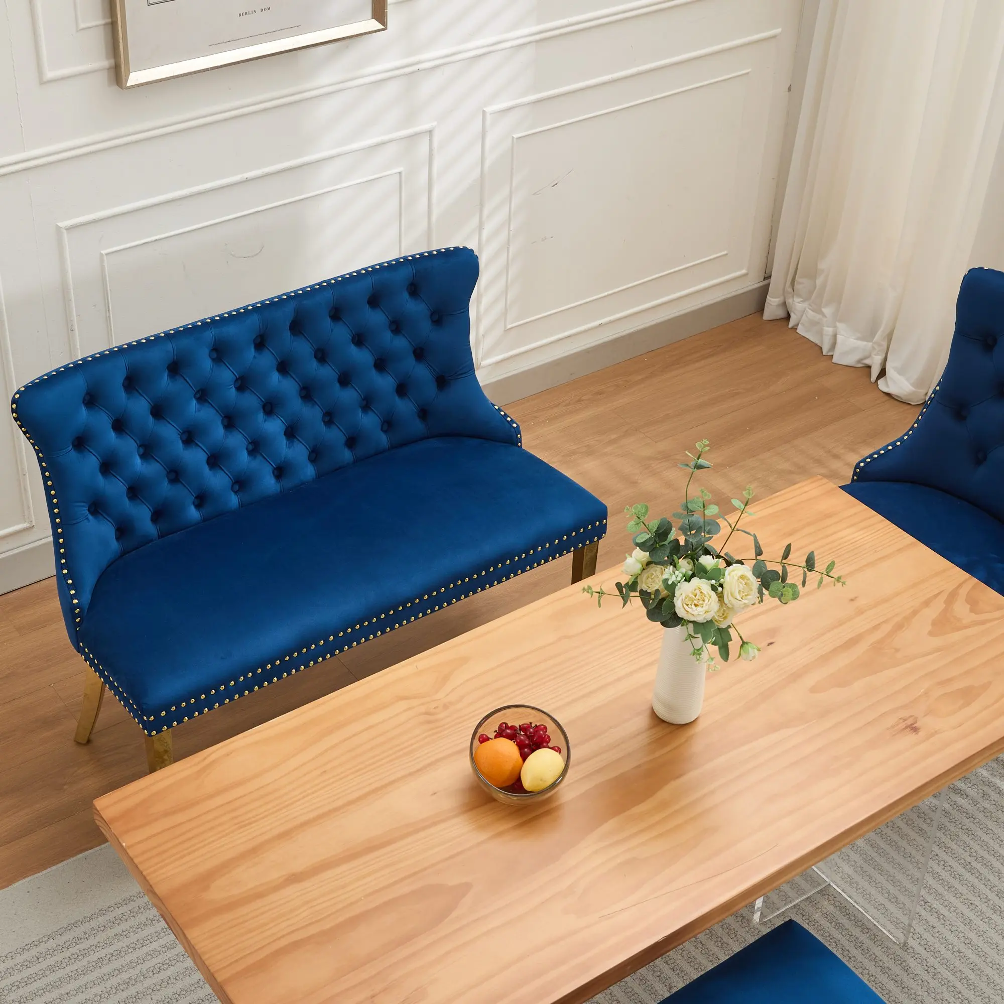 Blue Velvet Foam Sofa for Dining Room American Design Comfortable Seating 1 Piece