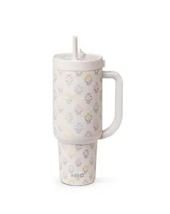 Ello Oasis 40oz Tumbler with Handle & Retracting Straw | Reusable Insulated Stainless Steel Cup 100% Leakproof | Gifts for Teens Women | Keeps Cold for 24 Hours | Cup Holder Friendly | Flower Quilt