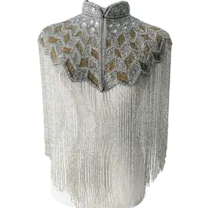 Carrie Diamond Dust Hand Beaded Crystal Cape - Shimmery Geometric High Neck Fringe Trim