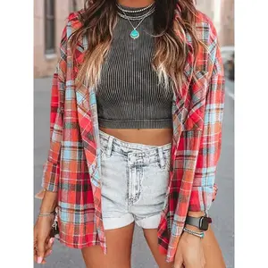 Casual Plaid Flannel Shirt for Women - 99% Polyester Fabric, Classic Lapel Collar, Long Shirt Sleeves, Blouse Comfort Top Womenswear