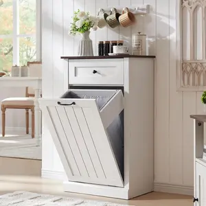 Tilt Out Trash Can Cabinet, 10 Gallon Farmhouse Laundry Hamper Cabinet with Drawer, Hidden Wooden Trash Garbage Can Bin with Storage Basket for Kitchen, Living Room