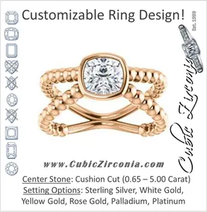 Cubic Zirconia Engagement Ring- The Maria Leeslii  (Customizable Bezel-set Cushion Cut Solitaire with Wide Beaded-Metal Split-Band)