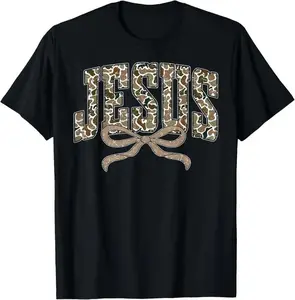 Camo Jesus Coquette Bow Camouflage God Christian Religious T-Shirt Novelty Graphic T Shirt funny tshirt Undershirts Tees Casual Streetwear Classic Plain Men's Women Cotton Moisture Wicking Short Sleeve Crew Neck