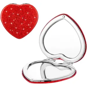 Red Heart Shaped Compact Mirror for Purse,1x/2x Magnification Cute Travel Mirror with Glitter,2.76 inch Double-Sided Mini Folding Mirror,Small Pocket Mirror for Gift,Travel Essentials