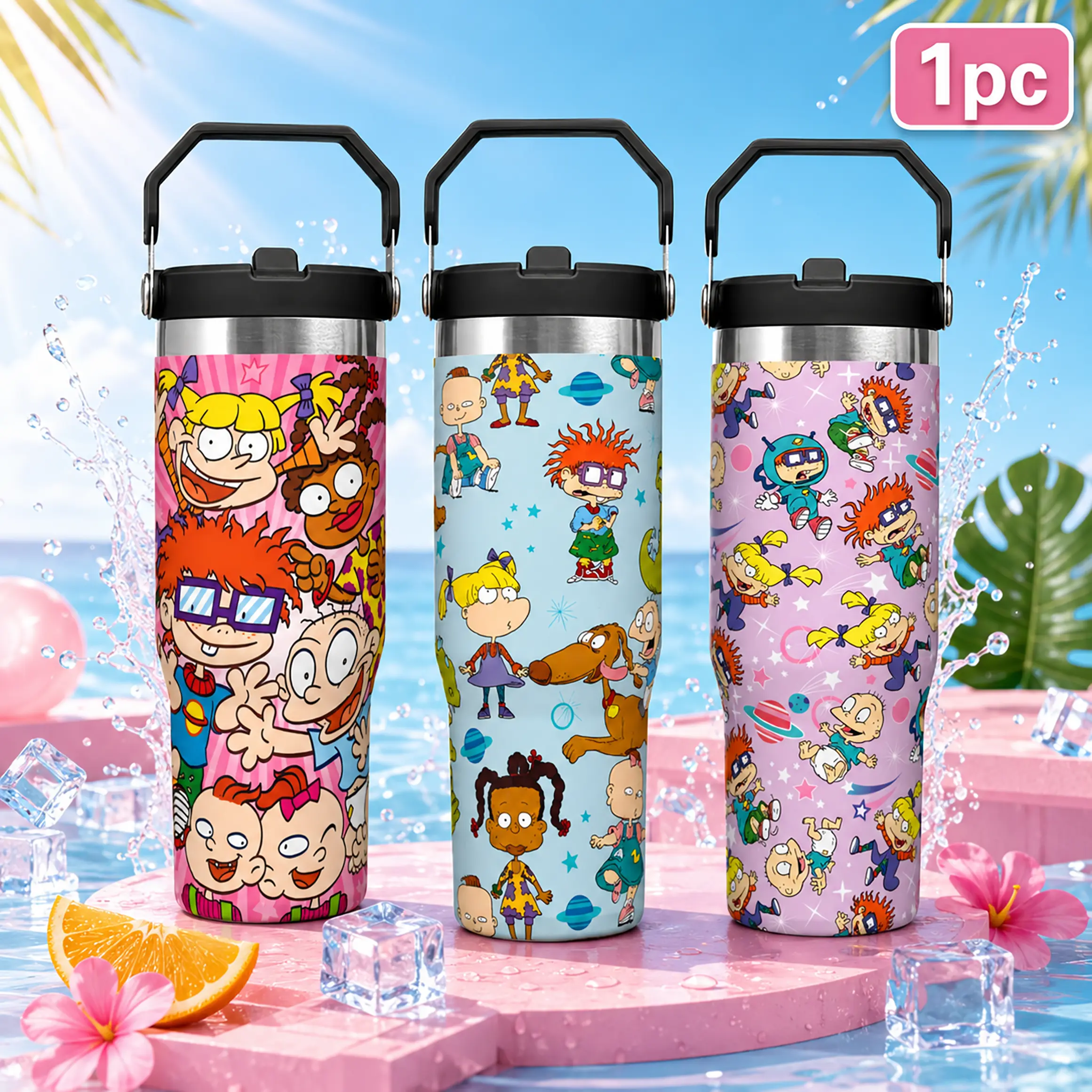 30oz Round 304 SS Vacuum Insulated Flask - Rugrats Cartoon Graphic, Leakproof Reusable Handheld Car Cup, Straw Lid Travel Coffee Tumbler Water Bottle, Kids' Kitchenware Drinkware Gift, Flasks