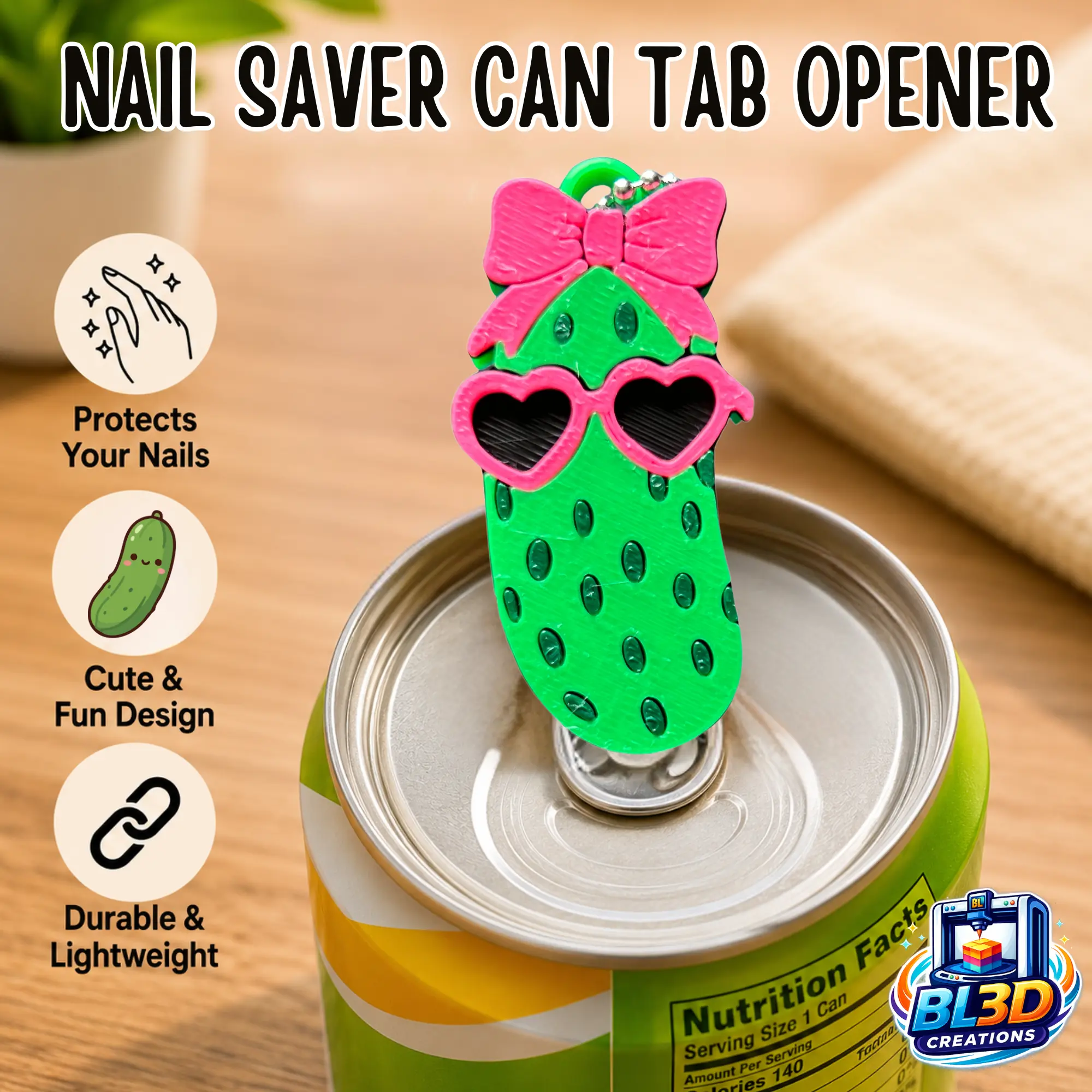 Sassy Pickle Can Tab Opener Keychain – 3D Printed Nail Saver Soda Can Opener – Drink Tab Helper Accessory – Handmade Keychain Gift