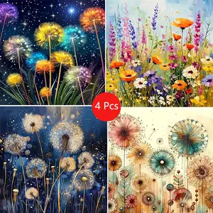 4pcs Colorful Dandelion and Flower Diamond Painting Kit, Adult Art Set, Frameless DIY 5D Diamond Art, Home Decor Craft