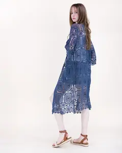 Sunburst Crochet Button Front Maxi Kimono Long Cardigan – Boho Openwork Lace Duster