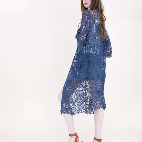 Women's 3/4 Sleeve Loose Baggy Polyester Sunburst Circular Crochet Button-Front Maxi Kimono Cardigan - Breathable Bohemian Boho-Inspired Openwork Lace-Textured Beachwear, Cold Wash Casual Lightweight 1-Piece Statement Top for Festivals