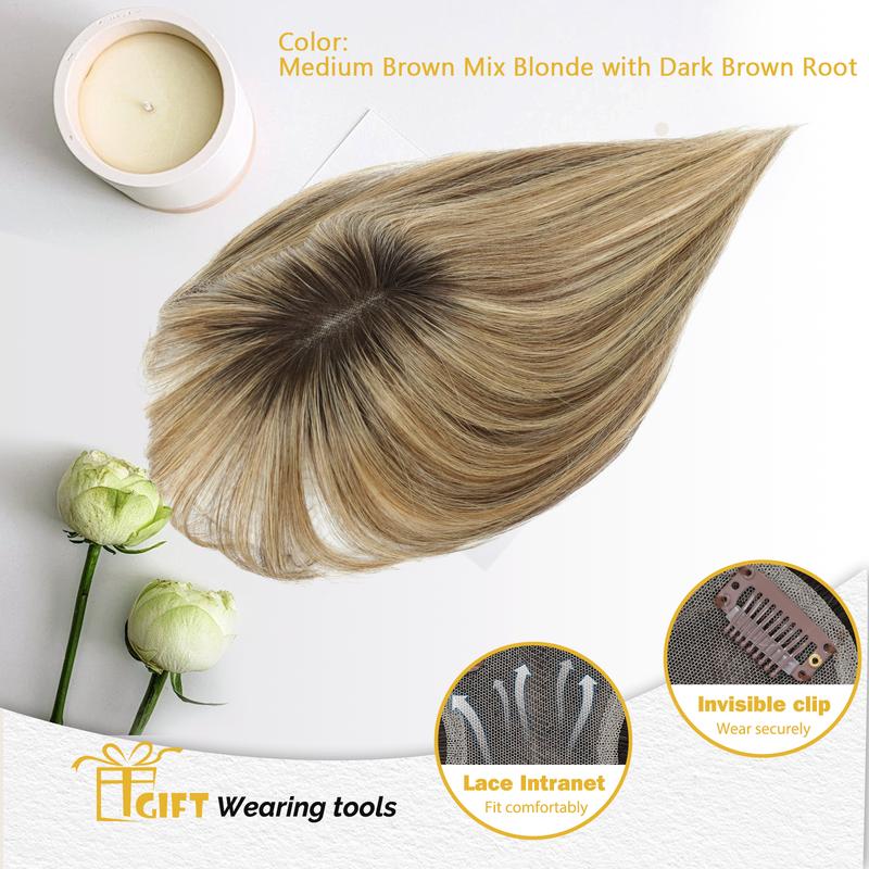 Hair Toppers for Women Real Human Hair Toppers for Women with Thinning Hairs Clip in Bangs 10 inch Swiss Base Hairpieces Loss Cover