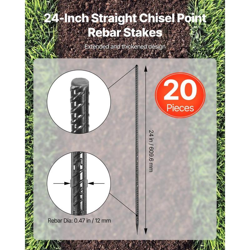 VEVOR Rebar Stakes, 24-Inch, Heavy-Duty 0.47 in Diameter, Straight Galvanized Steel Ground Anchors with Chisel Point End & Rust-Resistant Coating, for Gardening Support, Fence, Camping Tents (20-Pack)
