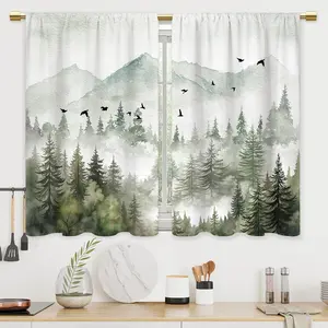 Mountain Forest Kitchen Curtains Misty Foggy Sage Green Tree Bathroom Curtains Window Treatment Drapes Tier Landscape Cafe Small Bedroom Short French Door Curtains 2 Panels 27.5x39 Inch
