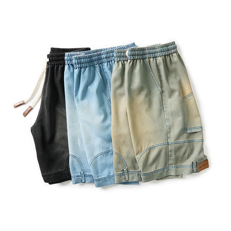 Men’s summer lightweight shorts made from Lyocell fabric—breathable, cool to wear, comfortable, and very cooling; suitable for various body types; vintage distressed style.